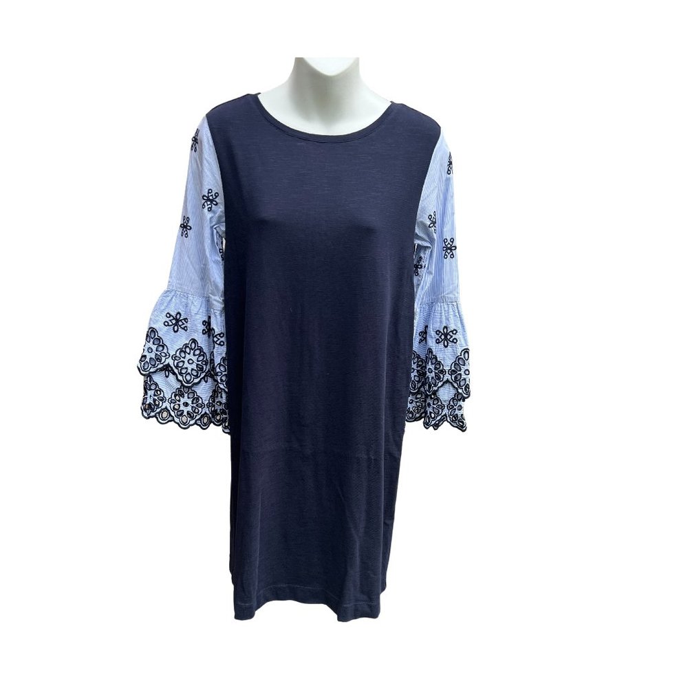 Loft Ruffle Sleeve Round Neck Back Zip Knee Length Dress Black/White Petites SP